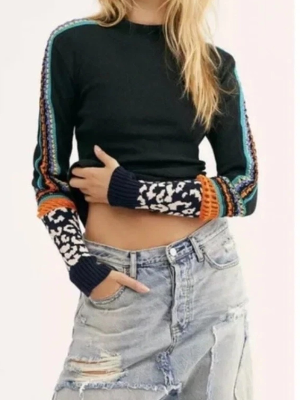 Free People Switch It Up Thermal Top S Black Waffle Hippie Crochet Warm Cozy